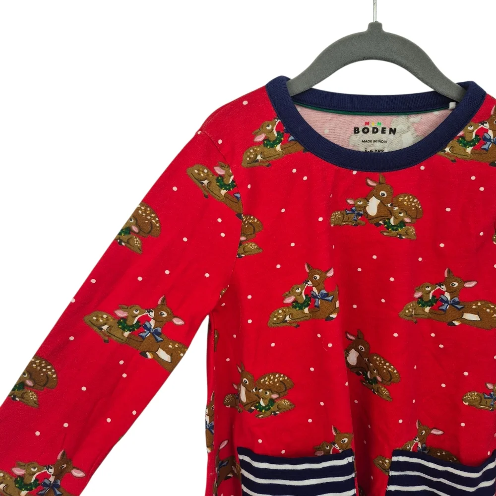 Mini Boden Red Dress Size 5-6 Long Sleeve Deer Christmas Holiday Pockets